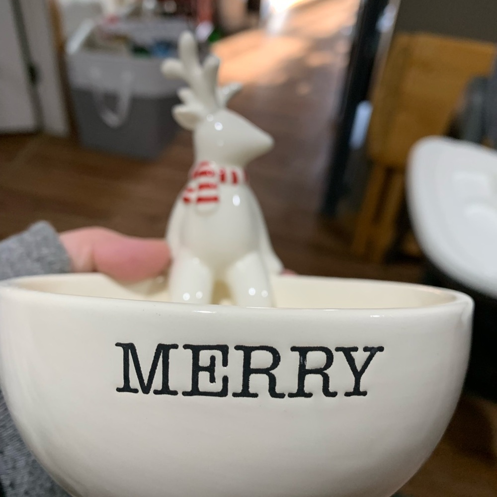 Mud Pie White and Red Reindeer Holiday Bowl